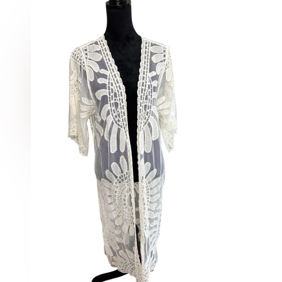 Rebellion by Regine Boho Crochet Lace Kimono Duster Cardigan Cream M - Picture 2 of 7
